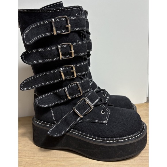 DEMONIA Emily 341 Black Canvas‎ 2" Platform Mid Calf Combat Boots Womens US 7 - Picture 1 of 9